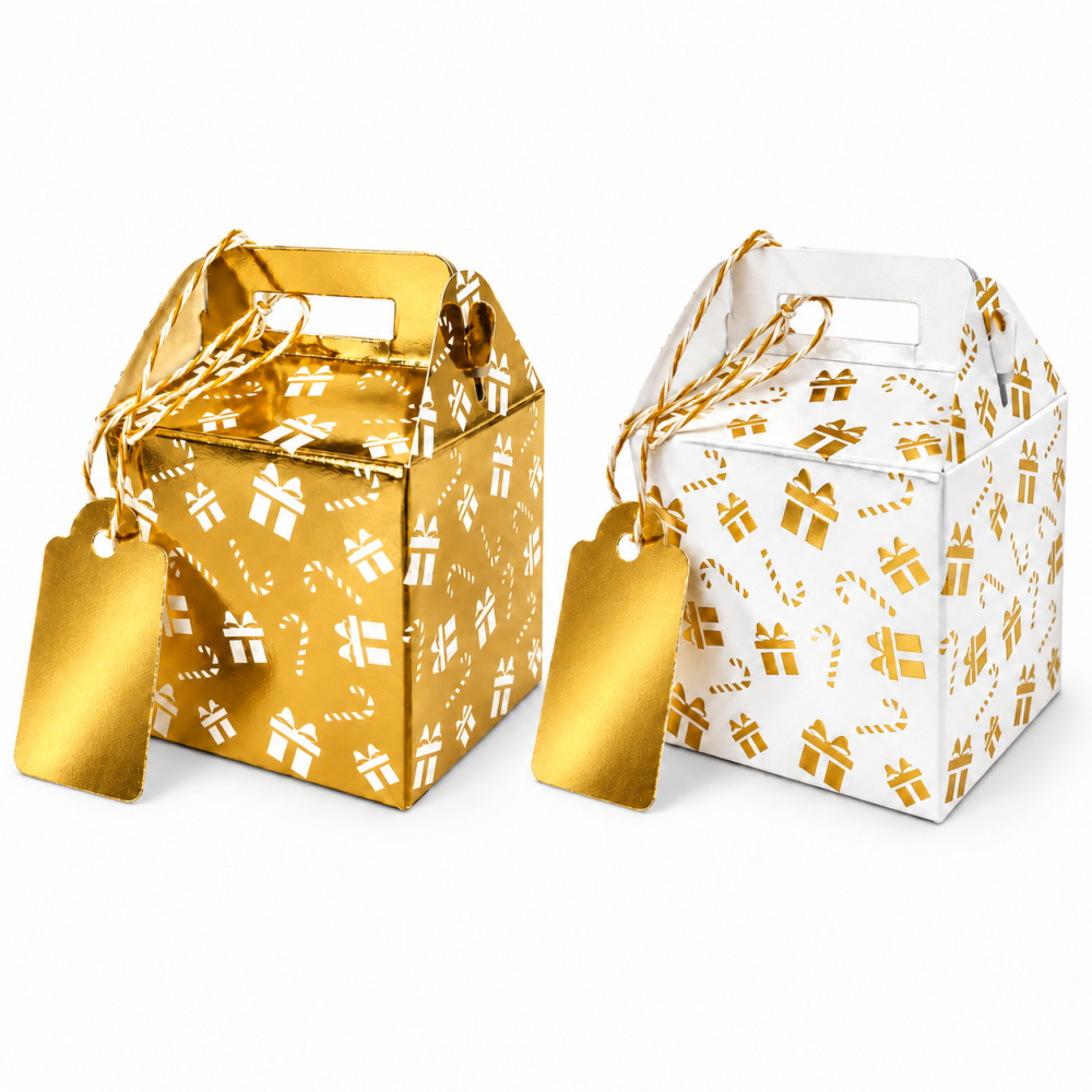 12 pequeñas cajas de regalo Navidad con motivos de regalo y etiqueta – 2 modelos dorado y blanco