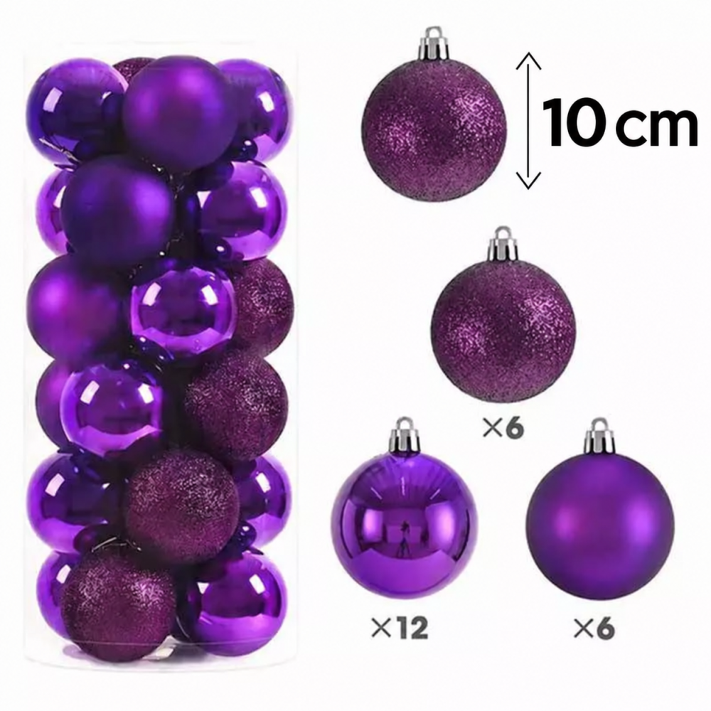 Conjunto de 24 bolas de navidad grandes de 10 cm - morado