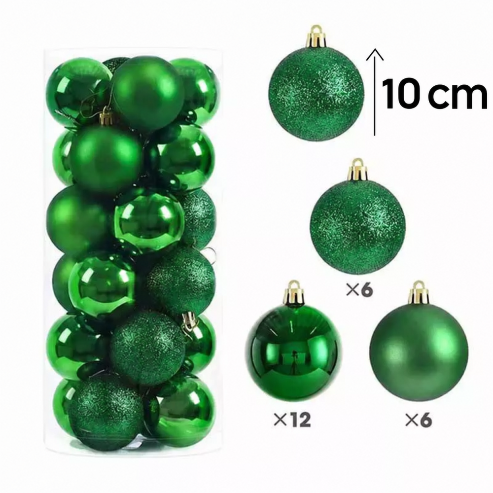 Conjunto de 24 bolas de navidad grandes de 10 cm - verde abeto