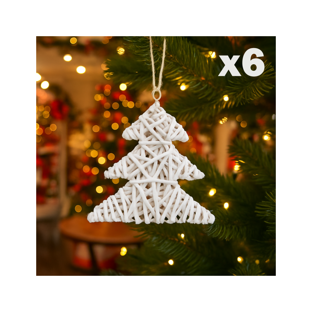 Lote de 6 árboles de Navidad de mimbre blanco 15 cm para colgar, 2 DE REGALO