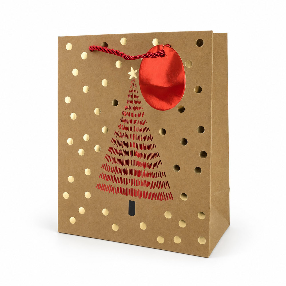 12 bolsas de regalo Navidad de papel kraft - Árbol rojo metalizado y lunares dorados - L