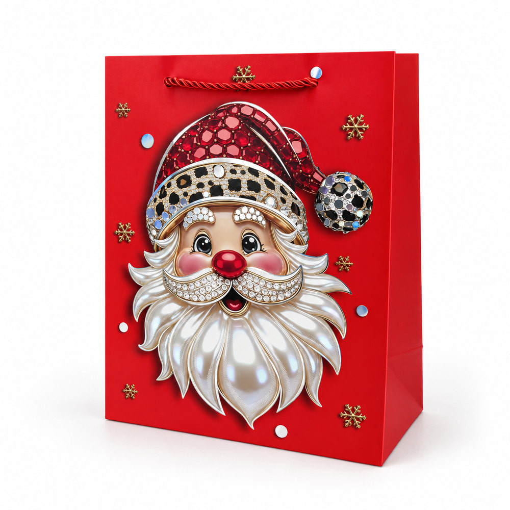 Bolsa de regalo Navidad rojo - Papá Noel brillante - S - Lote de 12