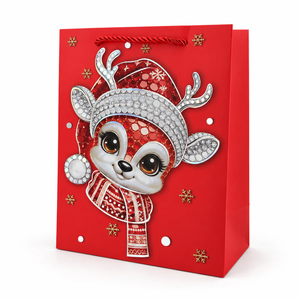 Bolsa de regalo Navidad roja - Reno brillante - M - Lote de 12