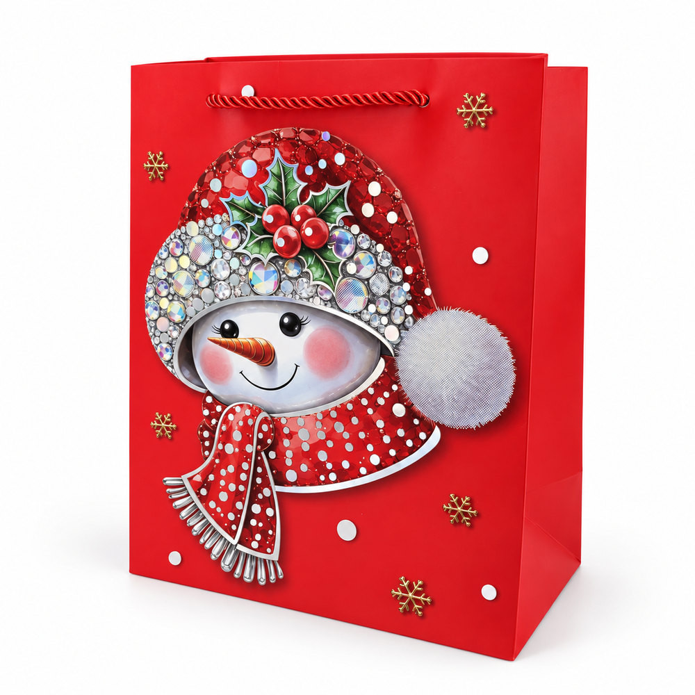 Bolsa de regalo Navidad rojo - Muñeco de nieve brillante - L - Lote de 12