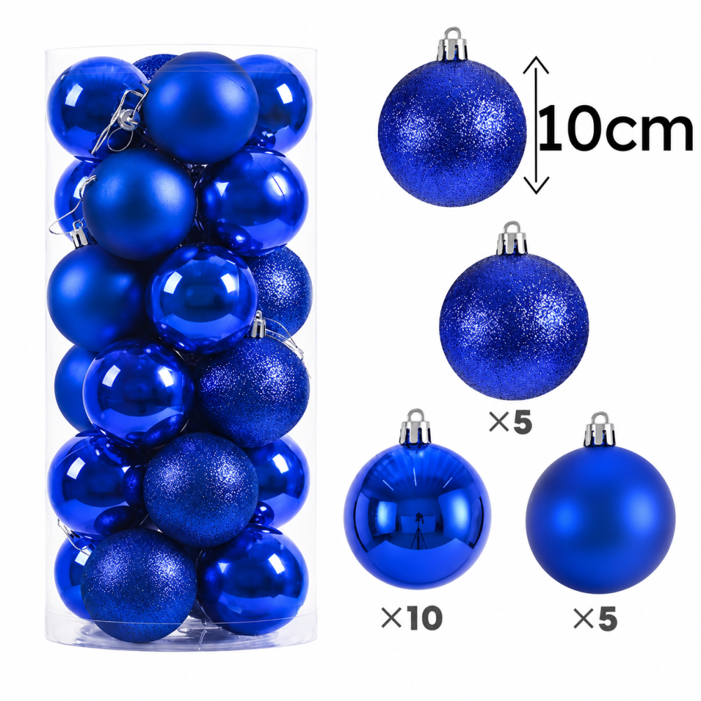 Lote de 24 bolas de navidad grandes de 10 cm - azul zafiro