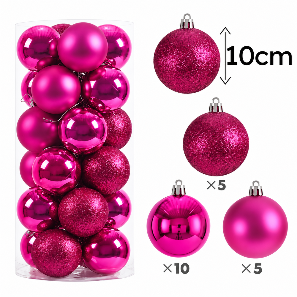 Conjunto de 24 bolas de navidad grandes 10cm - rosa fucsia