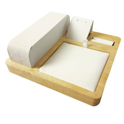 Pequeña bandeja de presentación para juego completo de joyería de madera y símil piel blanca