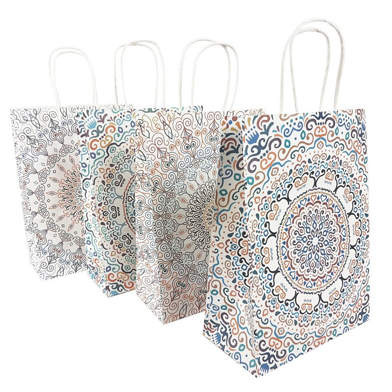 Lote de 12 bolsas grandes de papel kraft con decoración de mandalas, 25,5 x 12 x 33 cm