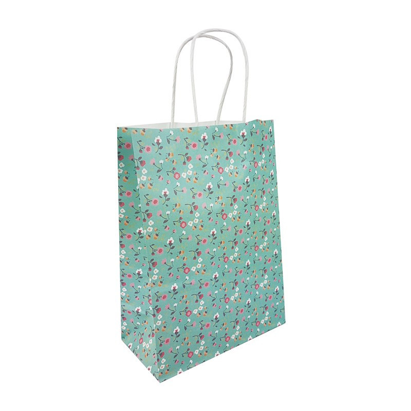 12 bolsas de papel kraft verde agua con flores 18,5 x 9,5 x 25,5 cm