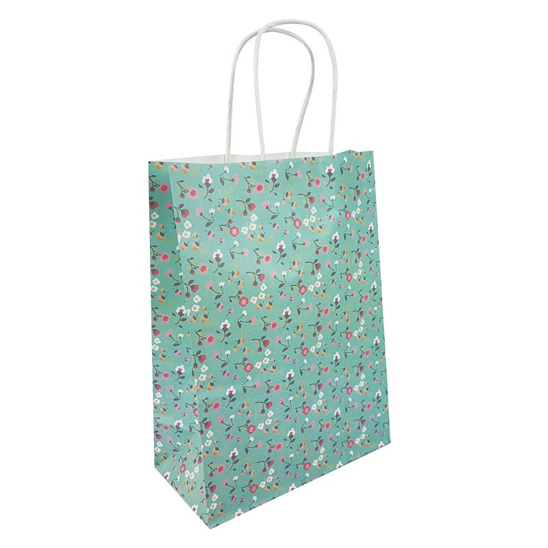 12 bolsas grandes de papel kraft con motivos florales sobre fondo verde agua, 25,5 x 12 x 33 cm
