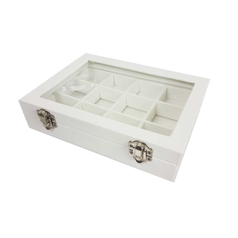 Petite mallette vitrée 12 petits casiers en simili cuir blanc - 17062