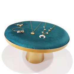 Mesita de exposición para joyas de metal dorado y terciopelo azul pato