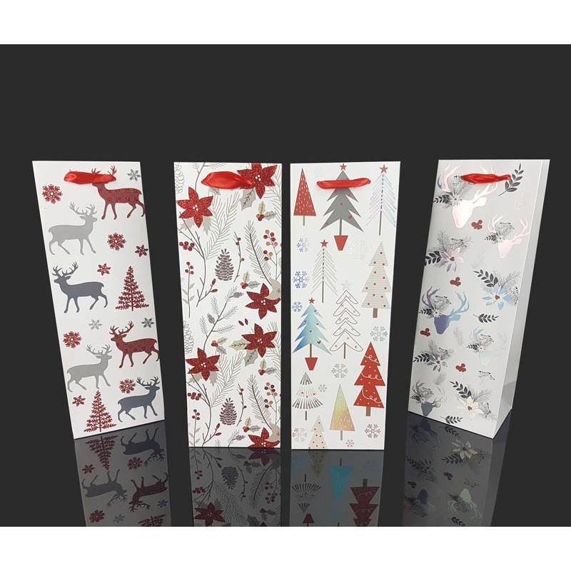 12 sacs bouteille motif gris et rouges de sapins de Noël 12x10x35cm - 12119