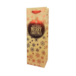 12 sacs bouteille motif flocons rouge brillant sur fond beige kraft 12x10x35cm