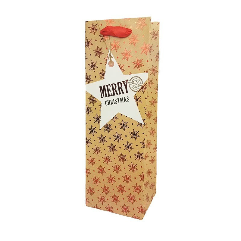 12 sacs bouteille motif flocons de neige brillant sur fond beige kraft 12x10x35cm