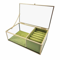Boîte à bagues en métal doré et en verre fond suédine vert olive