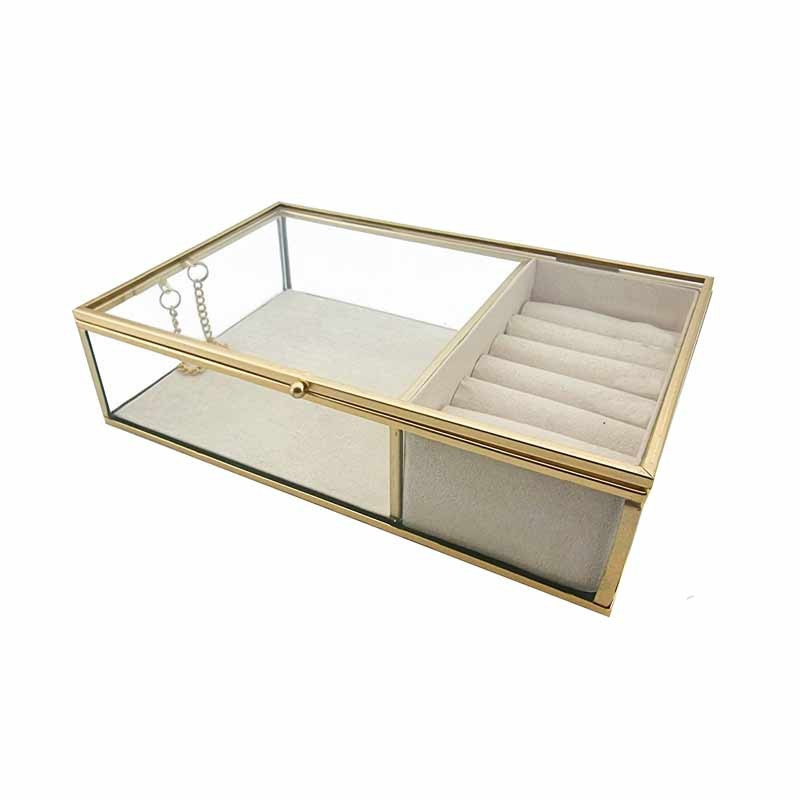 Boîte à bijoux en métal doré et en verre fond suédine beige crème