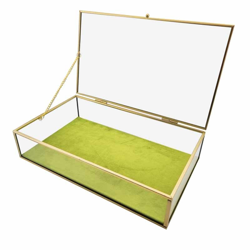 Boîte à bijoux vide en métal doré et en verre fond suédine vert olive
