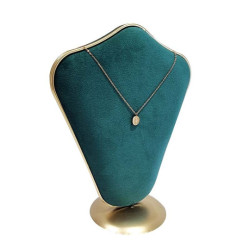 Buste bijoux en métal doré et velours bicolore bleu canard et vert sapin