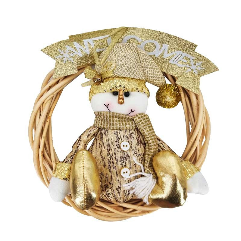 Couronne en bois avec peluche de Noël Bonhomme de Neige doré