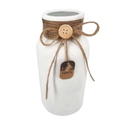 Petit vase en verre peint de couleur blanche et nœud en corde jute