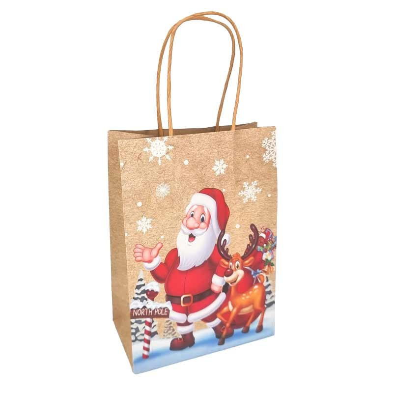 12 grands sacs kraft de noël motif Père noël et rennes - 31.5x11.5x42cm