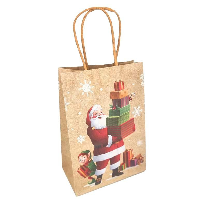 12 grands sacs kraft de noël motif Père noël et cadeaux - 31.5x11.5x42cm