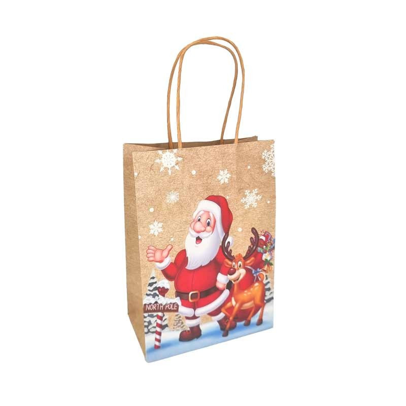 Lot de 12 sacs kraft motif père noël et rennes - 25.5x12.5x33cm