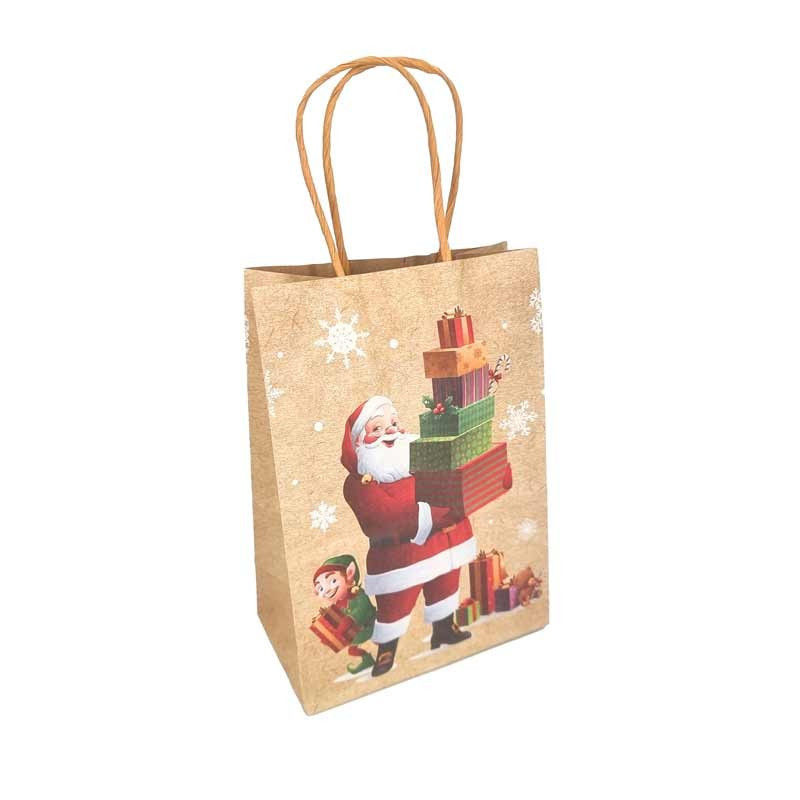 Lot de 12 sacs kraft motif père noël et cadeaux - 25.5x12.5x33cm