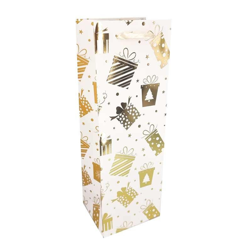12 sacs cadeaux blancs pour bouteille de vin motifs de cadeaux dorés - 12x35x10cm
