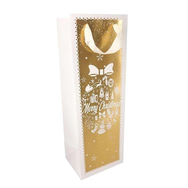 12 sacs cadeaux blancs pour bouteille de vin motifs boules dorés de noël- 12x10x35cm