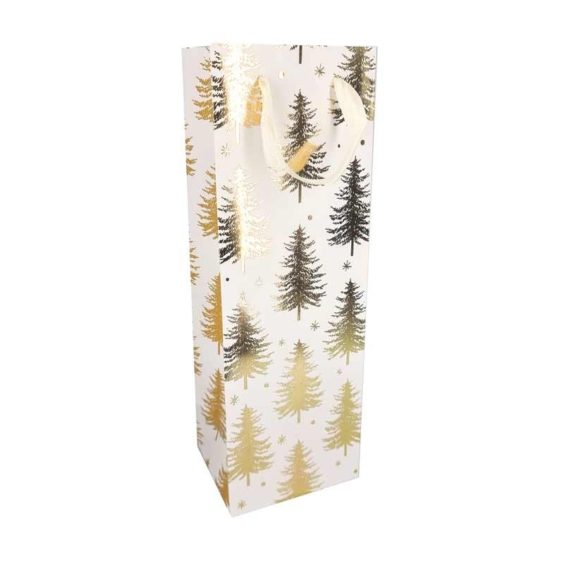 12 sacs cadeaux blancs pour bouteille de vin motifs de sapins dorés - 12x35x10cm