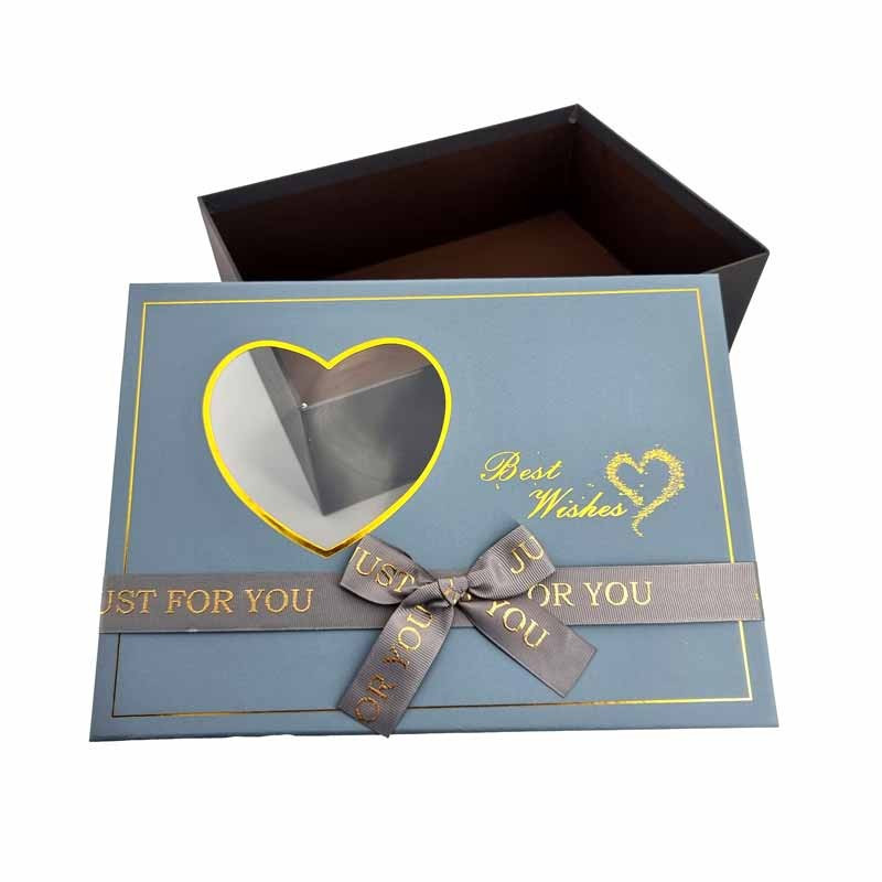 Boîte cadeaux à couvercle avec fenêtre en forme de cœur 23x17x7cm - Gris bleuté