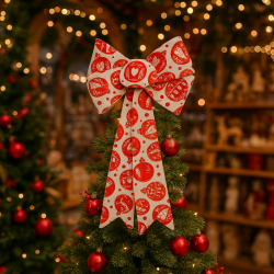 Gros nœud cadeaux motif boules de Noël rouge brillant