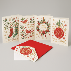 Lot De 10 Cartes De Noël Traditionnelles Avec Enveloppes Rouges - Motif Violoncelle, Neuf Sous Blister
