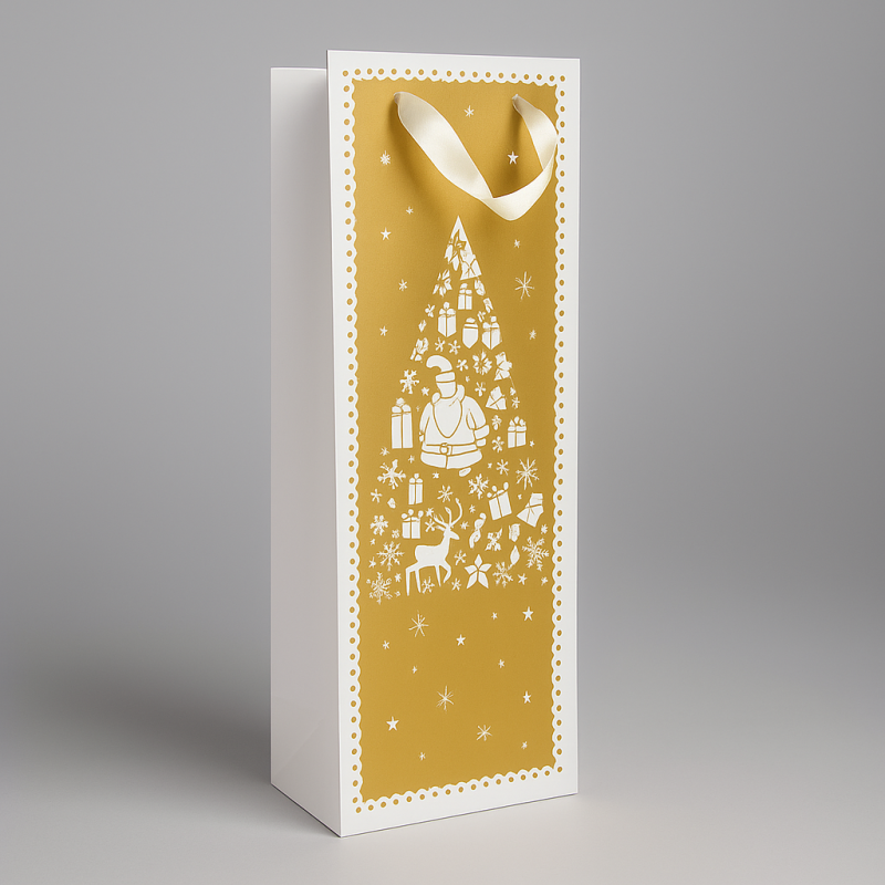 12 sacs cadeaux blanc et doré pour bouteille de vin motifs de noël - 12x10x35cm