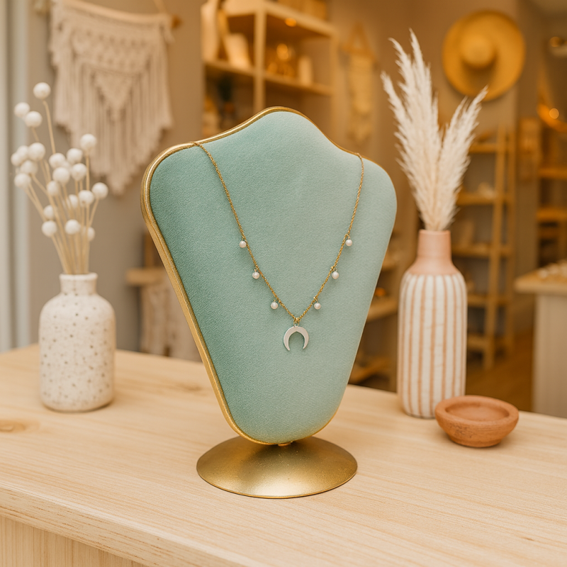 Buste bijoux en métal doré et velours bicolore vert amande et vert foncé