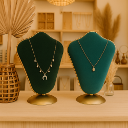 Buste bijoux en métal doré et velours bicolore bleu canard et vert sapin