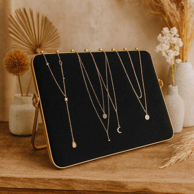 Grand porte collier métal doré et velours bicolore gris souris et noir