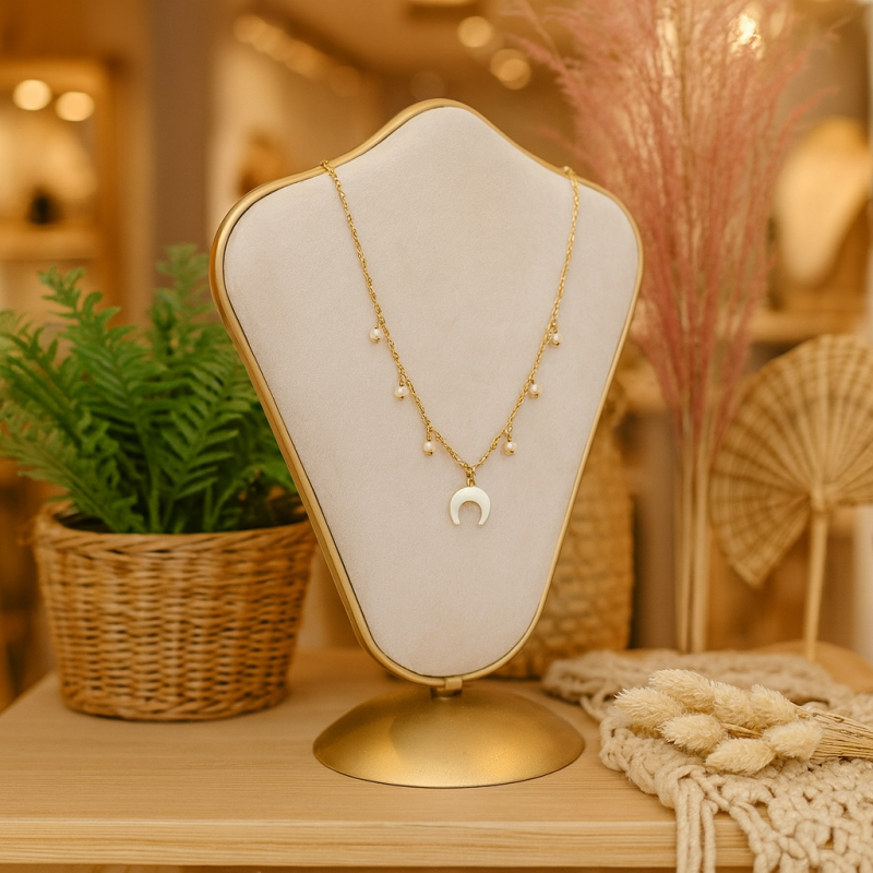 Grand buste bijoux bicolore en métal doré et velours écru et rose