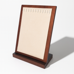 Présentoir 2 positions pour colliers en bois foncé et suédine beige lin