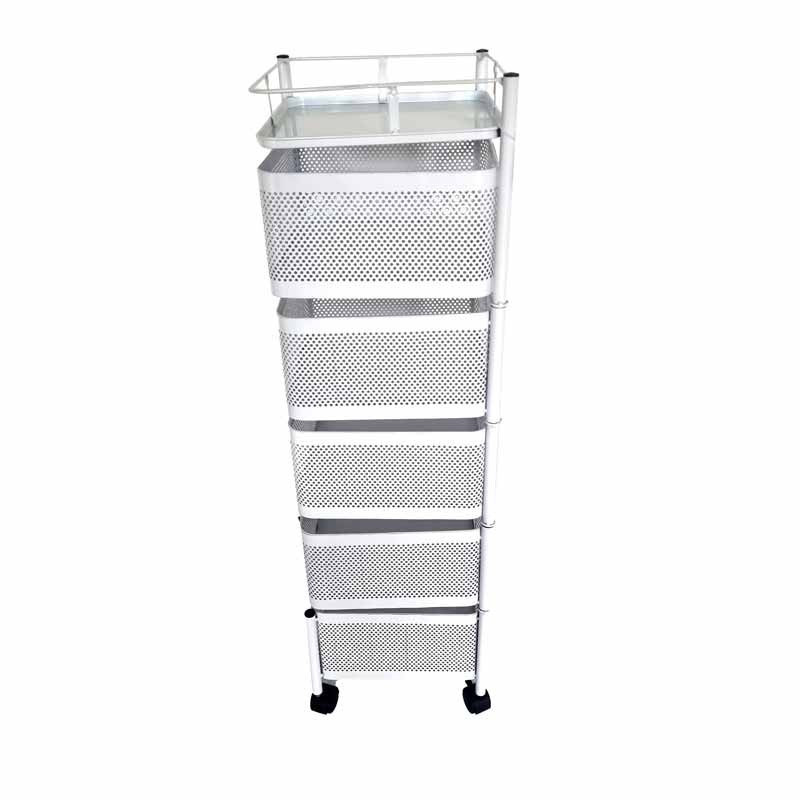 Desserte à 5 paniers de rangement pivotants en métal blanc