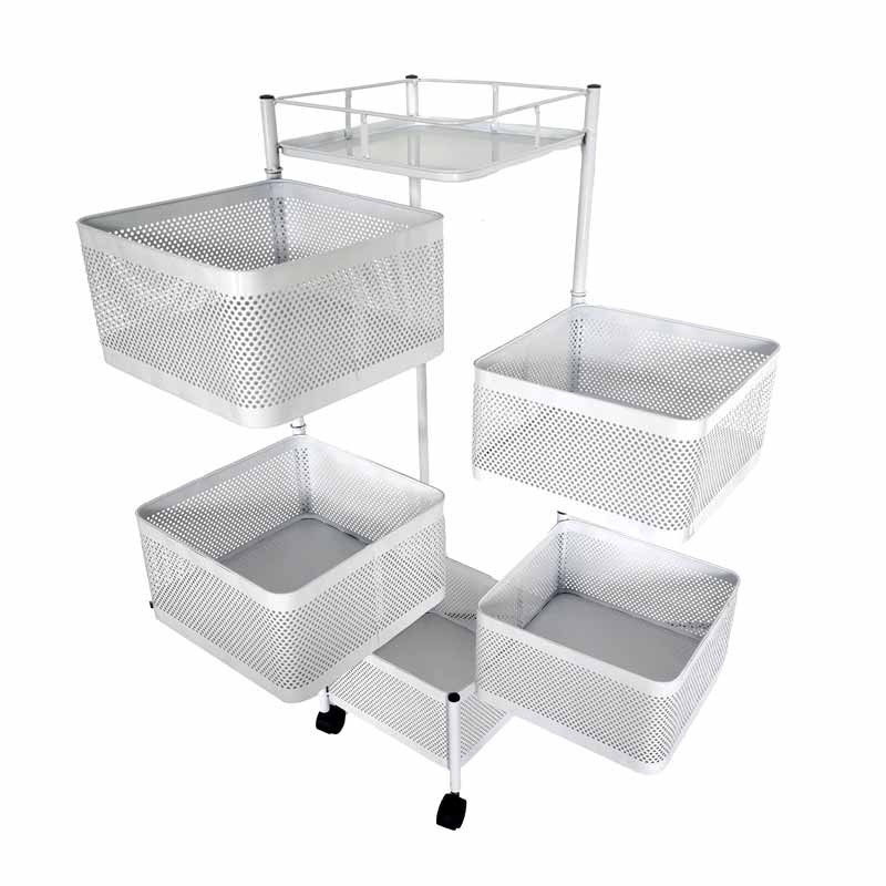 Desserte à 5 paniers de rangement pivotants en métal blanc