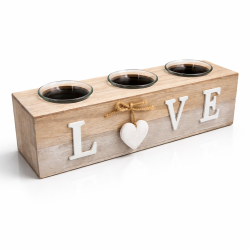 Bougeoir en bois pour 3 bougies avec petit cœur décoratif