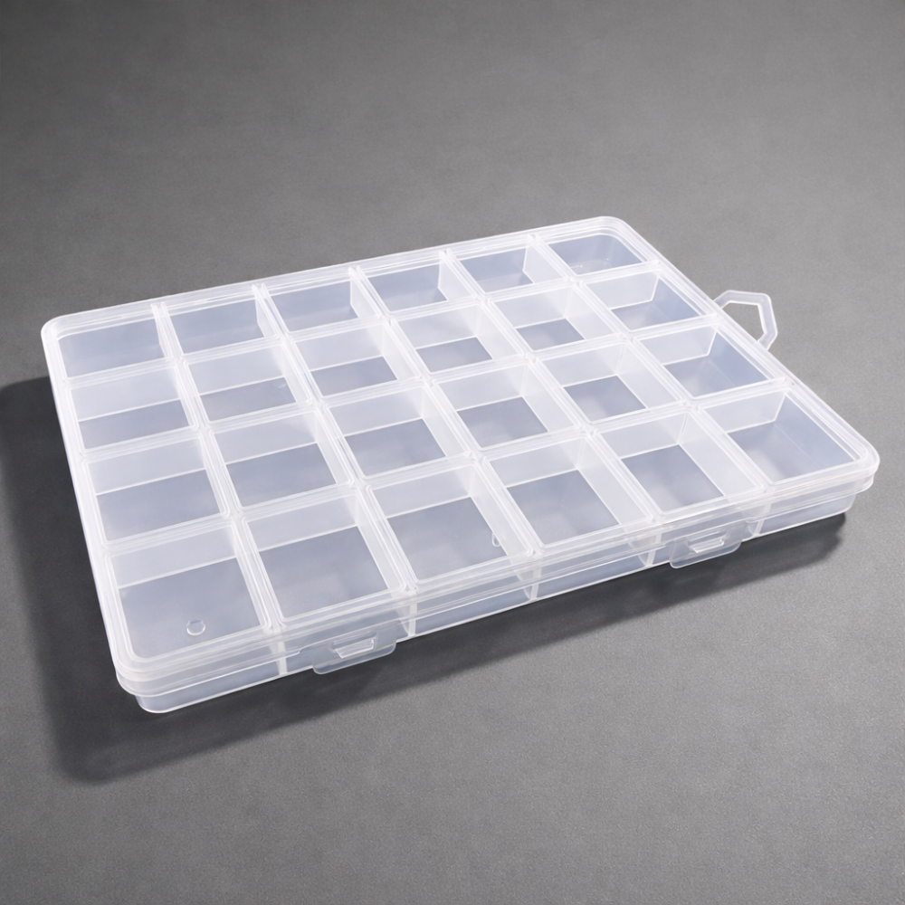 Boîte en plastique pour stockage de piercings à 24 compartiments.