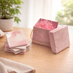 Pack revendeur : Coffret cadeaux "Marbre rose" (6 sous-verre + boîte + frisure + ruban)