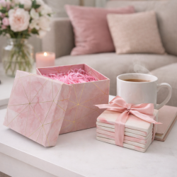 Pack revendeur : Coffret cadeaux "Marbre rose" (6 sous-verre + boîte + frisure + ruban)