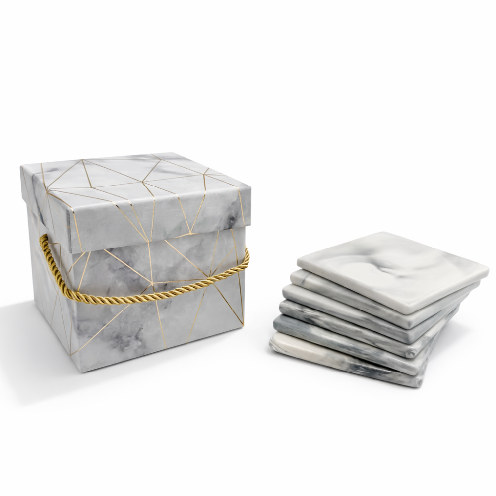 Pack revendeur 6 plateaux carrés marbre gris, Boîte et ruban satin