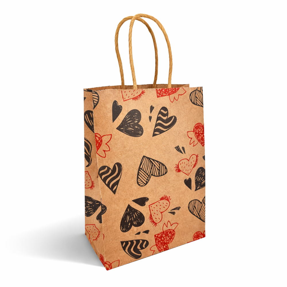 12 sacs kraft naturel motif de cœurs 18x9x25cm