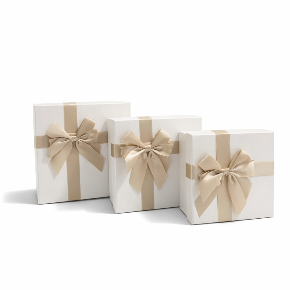 Lot de 3 boîtes cadeaux carrées blanches irisées - Nœud satin doré